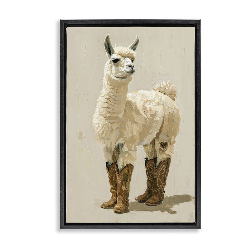 «Lamb & Cowboy bottes», toile encadrée brune par Petals Prints Design, H 25 po x l 17 po, Cadre flottant noir de jais