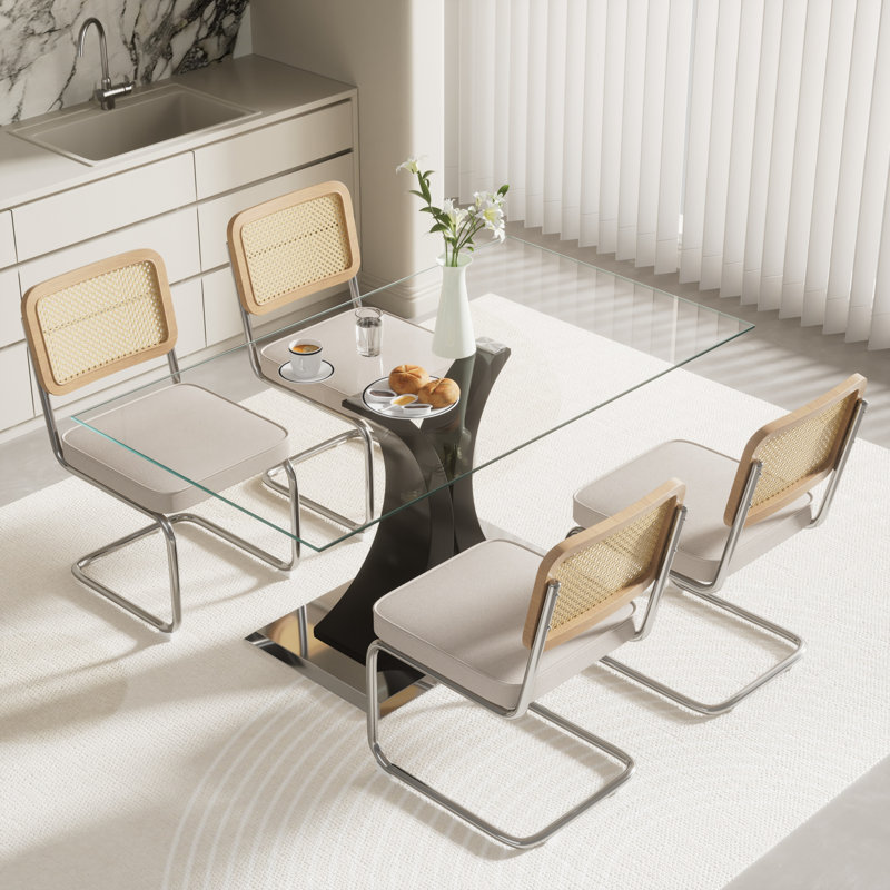Ensemble de salle à manger rectangulaire, Noir, Beige, 5 pièces: table, 4 chaises