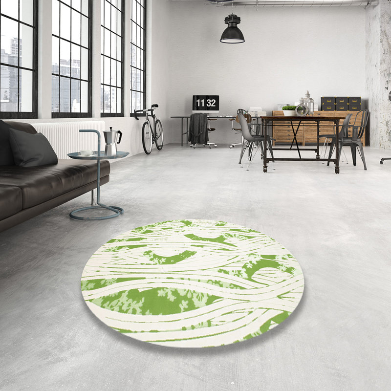 Tapis abstrait vert / crème, Rond 8 pi