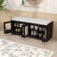 Banc de rangement avec coussin, tablettes réglables et portes en rotin tissé-312129037