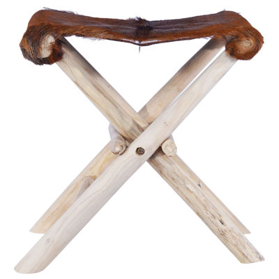 Tabouret pliant en cuir véritable et bois de teck massif