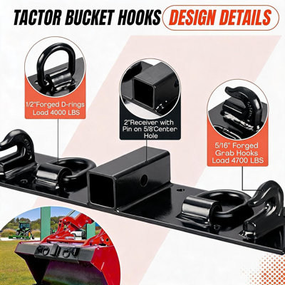Bolt-On Tractor Grab Hooks with 2 in Receiver, Heavy Duty Steel, Powder-Coated, For Compact Tractor Buckets 53-72in