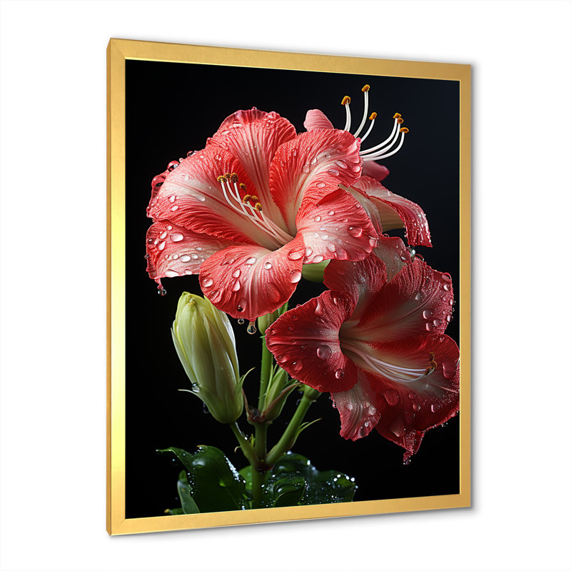 Fleur de lis rose II - art mural Lily, H 32 po x l 16 po x P 1 po, Cadre photo doré simple