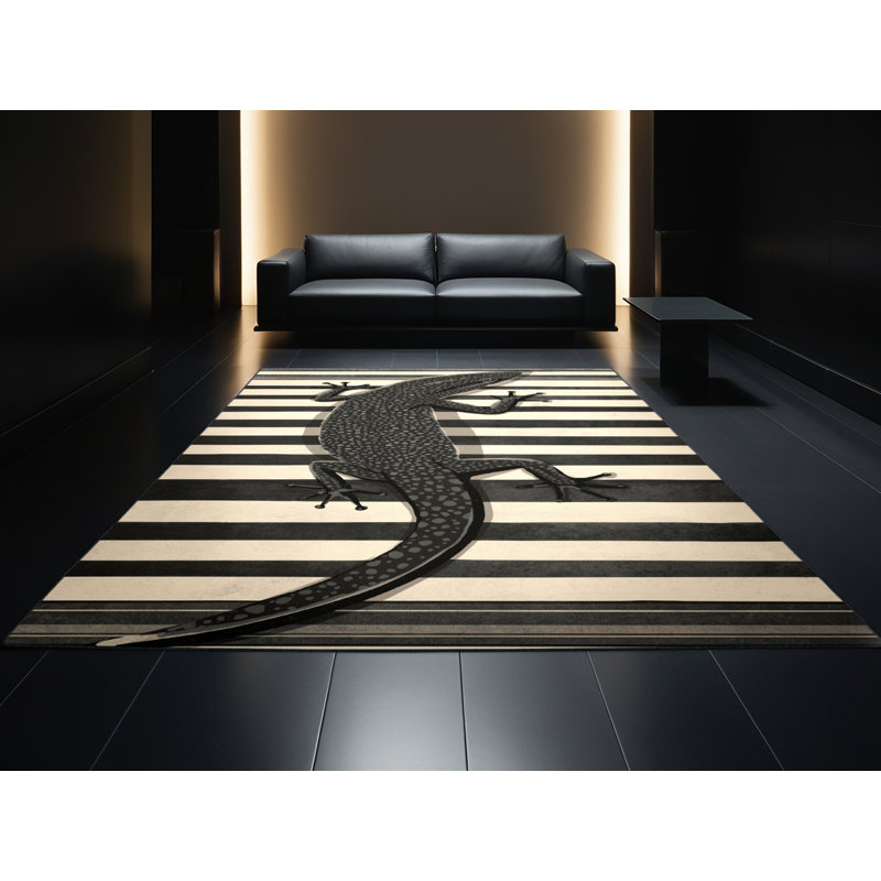 Tapis rayé noir Oryn Salamander lavable à la machine - reliure noire, 7 x 9