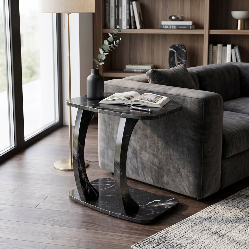 Table d'appoint moderne en forme de C, table basse compacte et alternative au canapé et au salon, Black Marble, Rectangulaire