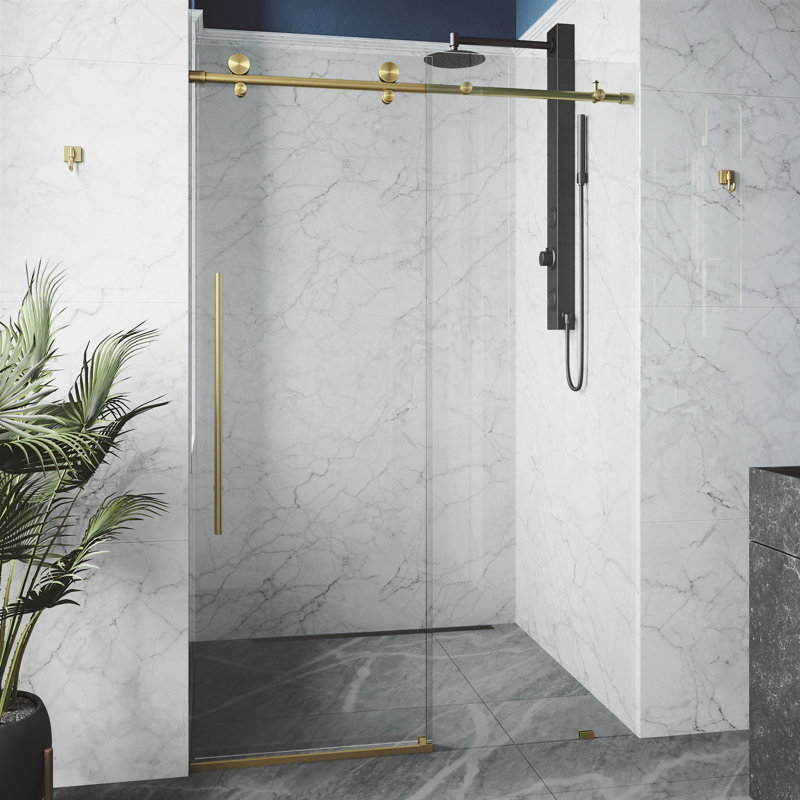 Elan E-Class 56-60" W x 76" H Sliding Frameless Shower Door with 3/8" Clear Glass, Matte Brushed Gold