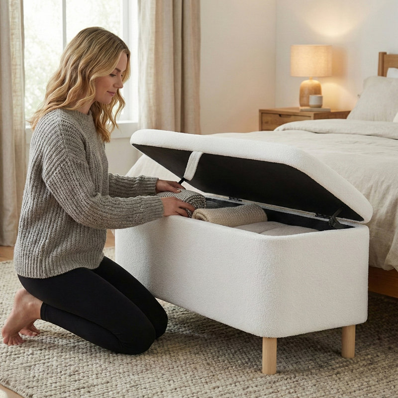 Fabric Upholstered Storage Bench, Cream