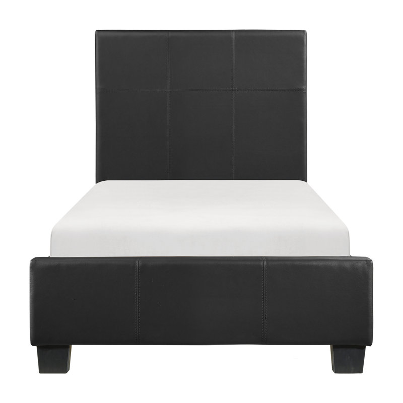 Lit plateforme simple avec design contemporain et housse en similicuir noir, avec tête de lit, rails, pas de sommier tapissier requis