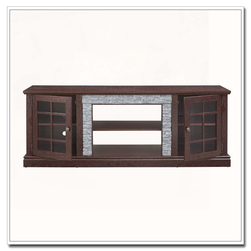 70" TV Stand with 2-Door Storage, Faux Stone Media Console Cabinet, Cherry