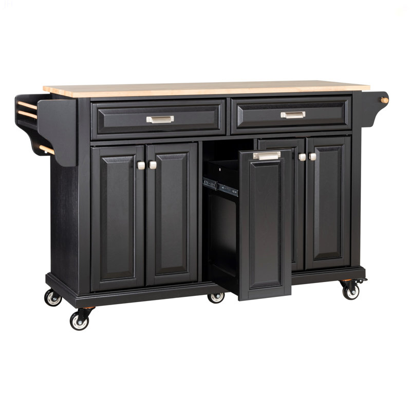 Kitchen Island With Rubber Wood Countertop And 5 Wheels