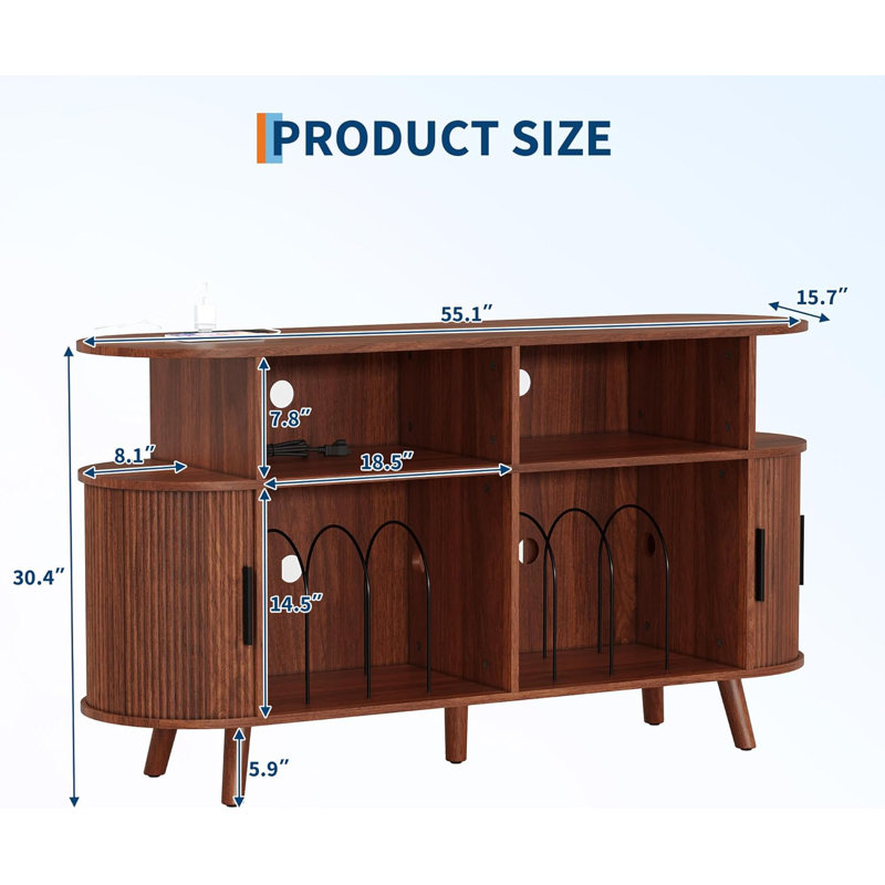 Modern Mid-Century Media Console, Grooved Wood, 55" Round Turntable Stand with Vinyl Storage, Charging Station and Display Shelves