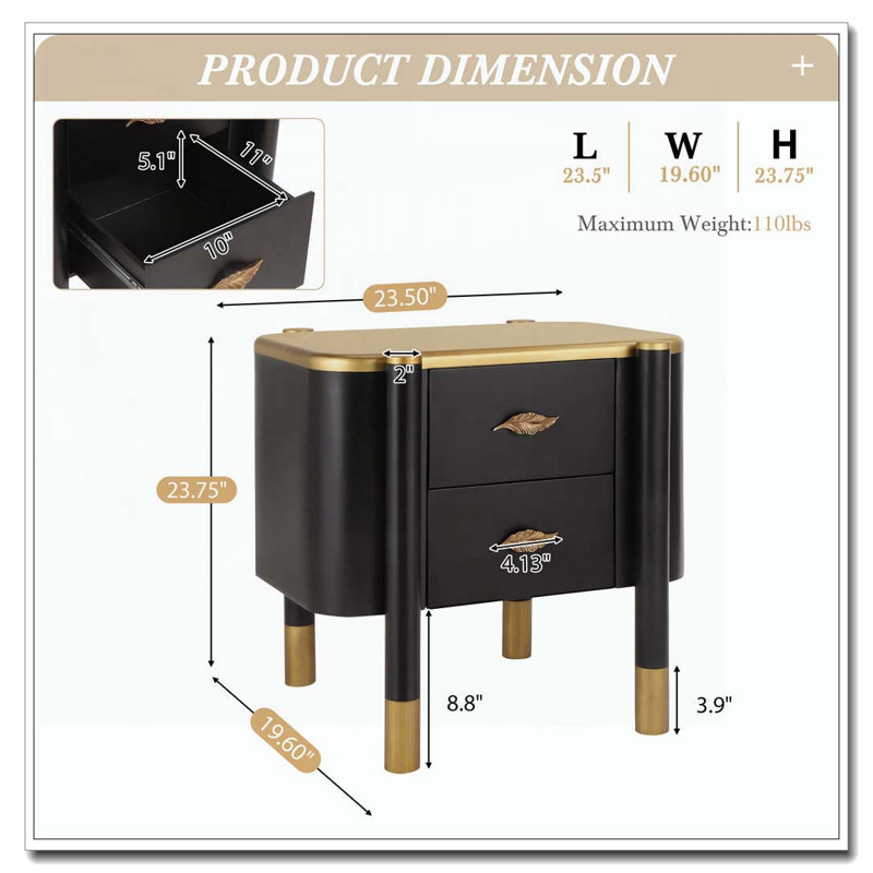 Table de chevet 2 tiroirs avec profil incurvé, table de chevet avec poignées en forme de plumes en métal et pieds exposés