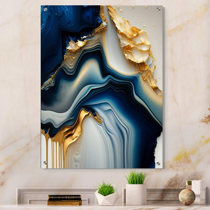 Géode abstraite dorée et bleue II - Art mural acrylique abstrait en marbre moderne, H 20 po x l 12 po