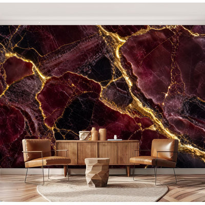 Wall Mural Peel and Stick Wallpaper Luxurious Dark Red Marble Golden Veins Self-Adhesive Removable Contact Paper Wall Decor for Living Room Bedroom 69"H x 96"W