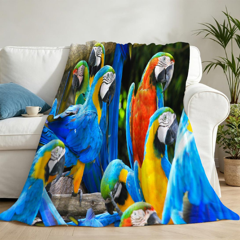 Jeté en flanelle bleue ultra douce, imprimé oiseau perroquet coloré d'un côté, Throw 50" x 60"