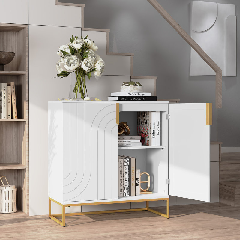 Modern 2-Door Accent Storage Cabinet, Sideboard with Metal Base, Geometric Pattern Buffet Cabinet, MDF, White, 31.7in