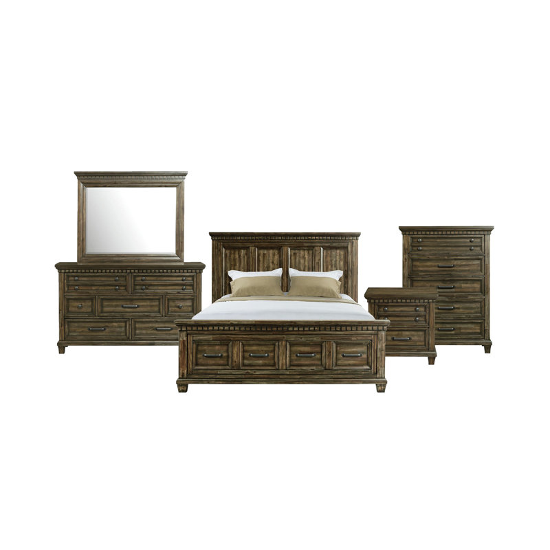 Ensemble de chambre à coucher avec rangement 5 pièces Palermo, Gris, 5 pièces: lit, commode, miroir, commode, table de