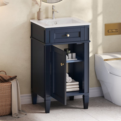 Meuble-lavabo autoportant de 18 po avec lavabo en céramique de style français, porte à fermeture douce, tablette réglable et pieds unis en bleu