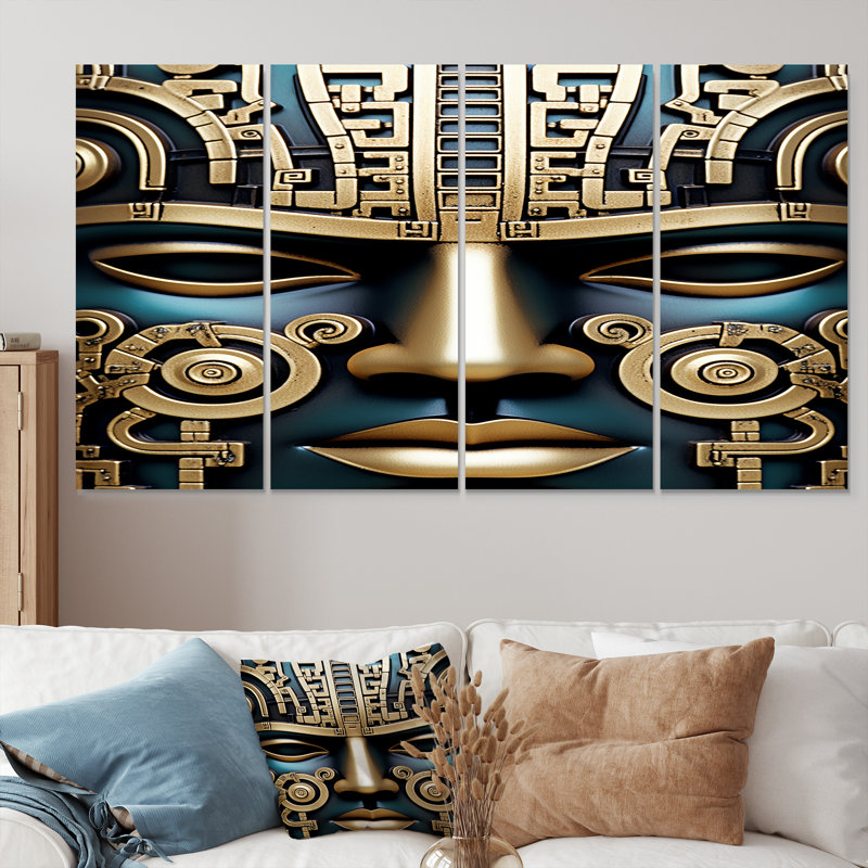 Golden Aztec Teal Mask - Native American Art, ensemble de 4 décorations murales, H 32 po x l 64 po