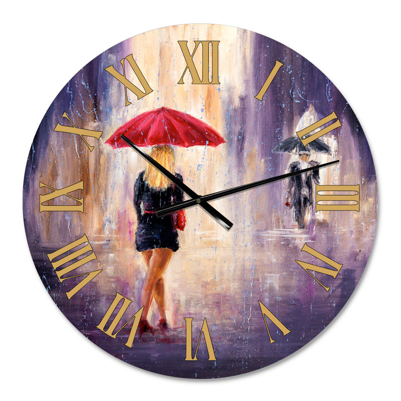Dame avec un parapluie rouge marchant sous la pluie - Horloge murale traditionnelle, Moyen