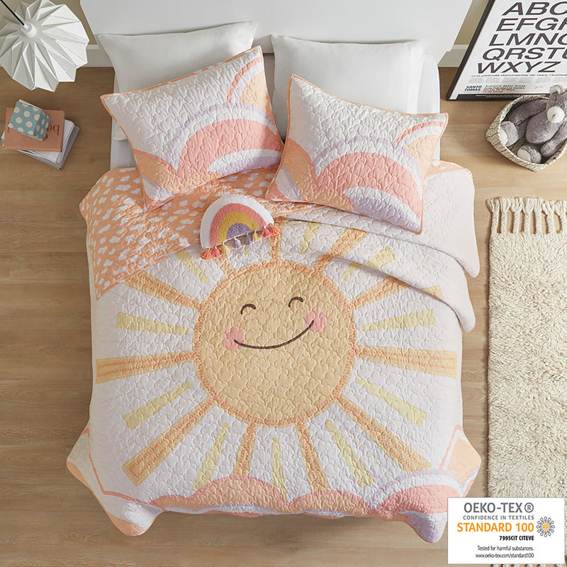 Dawn Sunshine Clouds Yellow/Coral 100% Cotton Reversible Quilt Set Twin, Twin Quilt + 1 Sham + 1 Throw Pillow