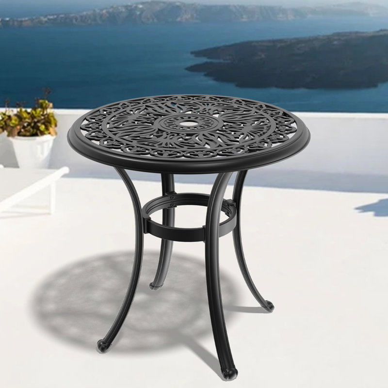 Table de salle à manger 27,48 pouces en fonte d'aluminium pour patio - noir, trou de parasol, capacité de 160 lb, 4 sièges, corrosion 27,48 po avec cadre noir 4, résistance, intempéries