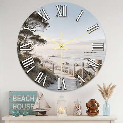 Landscape & Nature Beach Path Ocean Sky Trees Roman Numerals Clock Face Ultra Clear Glass Wall Clock