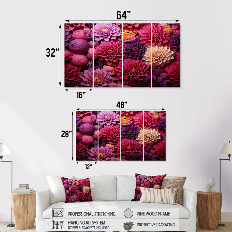 «Pink Chrysanthemums Gardens Collage I - Chrysanthemums», art mural 4 pièces, H 28 po x l 48 po