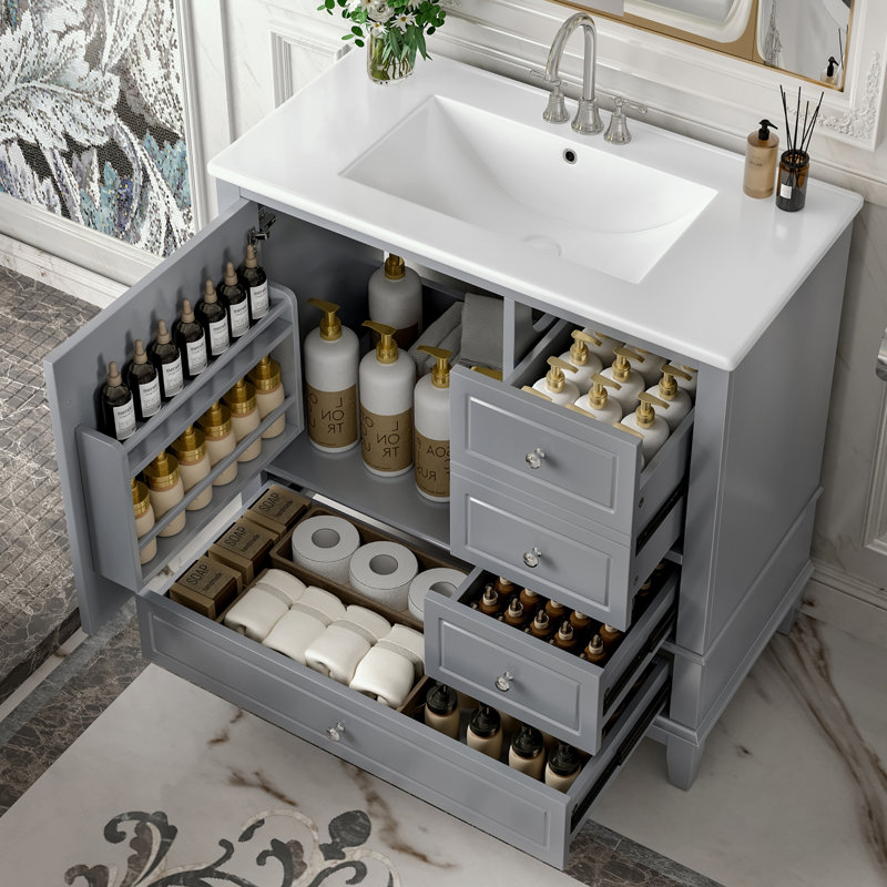 Bathroom Vanity with Ceramic Sink, 3 Drawers and Cabinet with Shelves, Gray