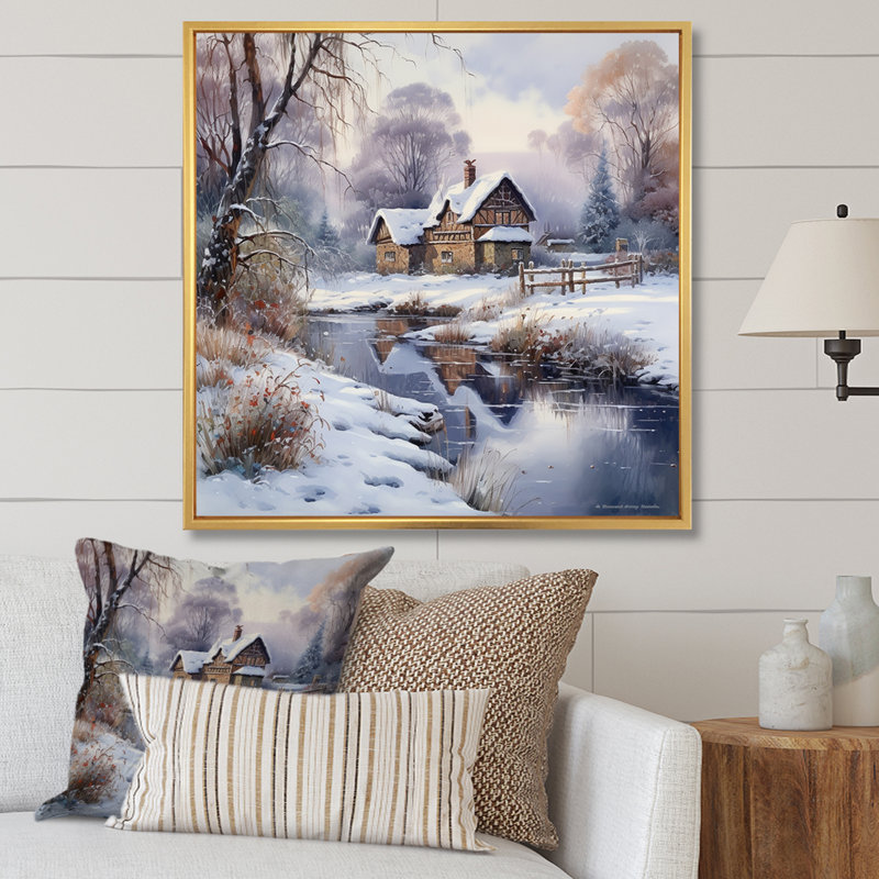 Charme d'hiver à la maison de campagne, H 36 po x l 36 po x P 1,5 po, Cadre flottant doré