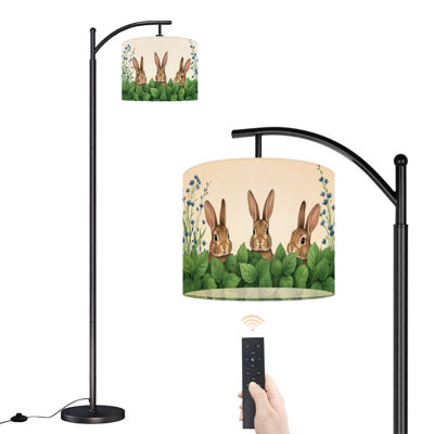 Lampe sur pied à arc avec abat-jour réglable Lapins fantaisistes cachant des feuilles vertes et des fleurs bleues Lampe sur pied à 3 températures de couleur à intensité variable avec poteau pour la chambre à coucher