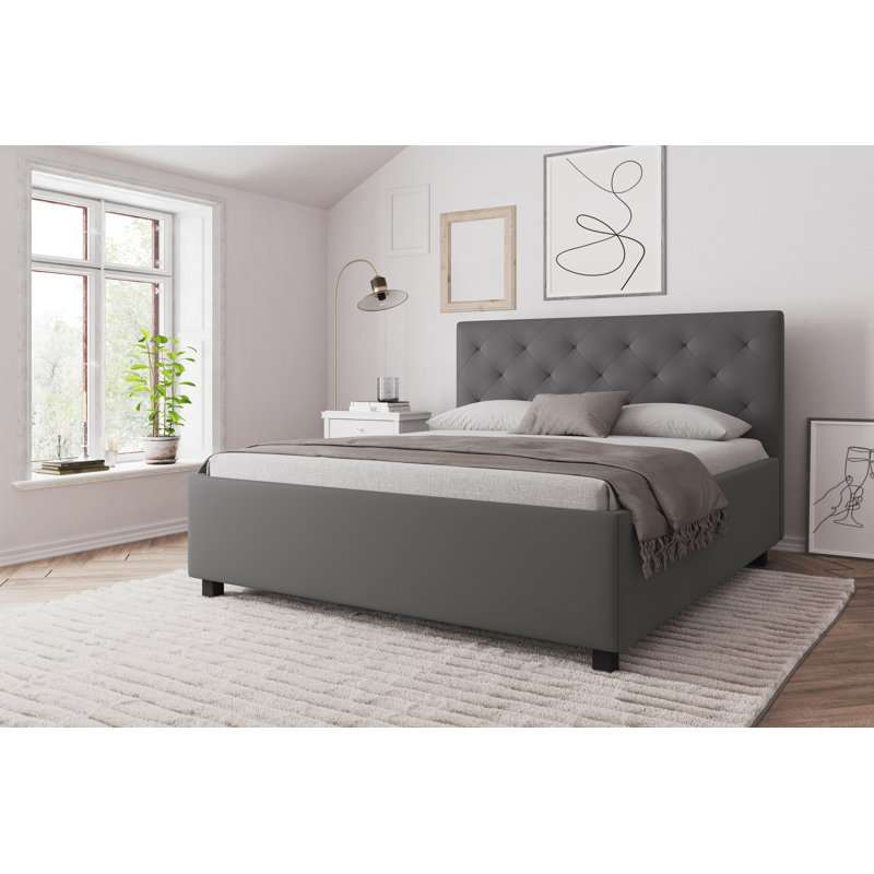 Upholstered Faux Leather Bed Frame with Mattress, 90 x 200 cm, Ash