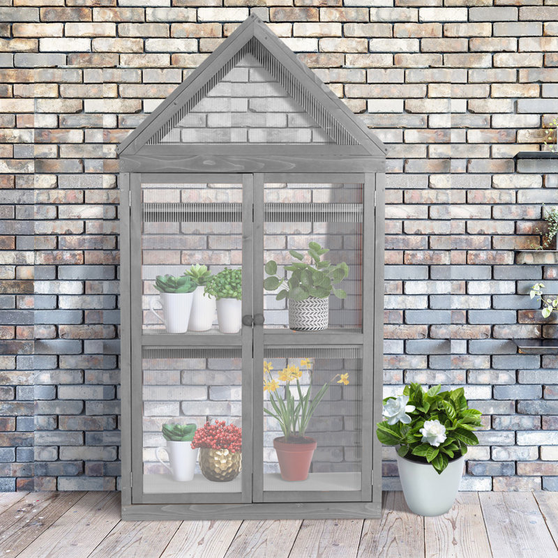 Gray Fir Wood Garden Greenhouse with Adjustable Shelf