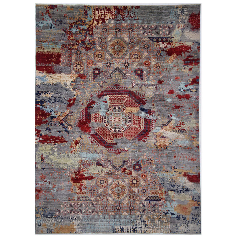 High-Quality Hand-Knotted Grey And Red Area Rug