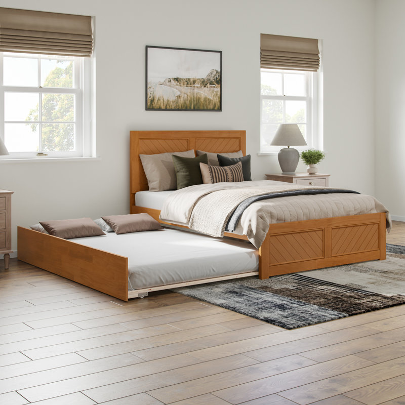Jeinny Full Size Solid Wood Platform Bed with Full Size Trundle Bed, Light Toffee
