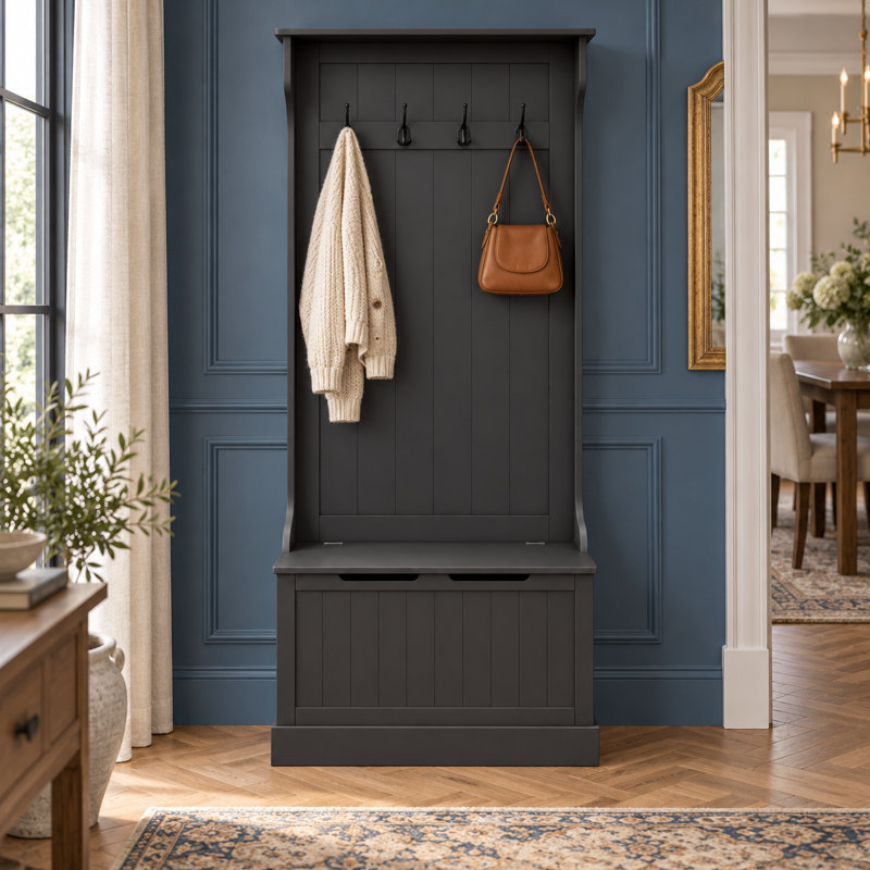Portemanteau relevable traditionnel avec siège et quatre crochets doubles pour halls d'entrée et couloirs, Noir