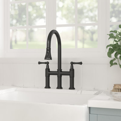 Pull Down Bridge Kitchen Faucet, 3 Hole 8 Inch Double Handle Kitchen Sink Faucet
