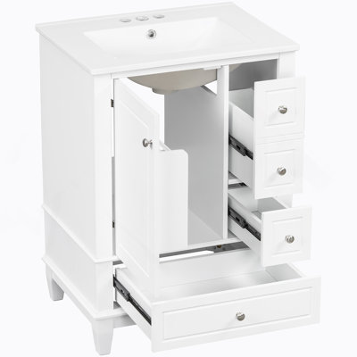 Meuble-lavabo 24 po avec lavabo et tiroirs, meuble-lavabo autoportant blanc avec plateau en céramique et tablettes de rangement, panneau de fibres à densité moyenne et base en bois massif, meuble-lavabo moderne pour petites salles de bain