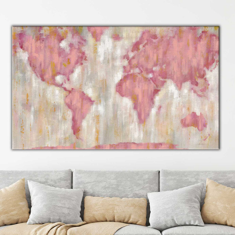 «Blush World Map V2 Crop», reproduction de peinture acrylique sur toile, H 18 po x l 30 po x P 1 po, Toile tendue
