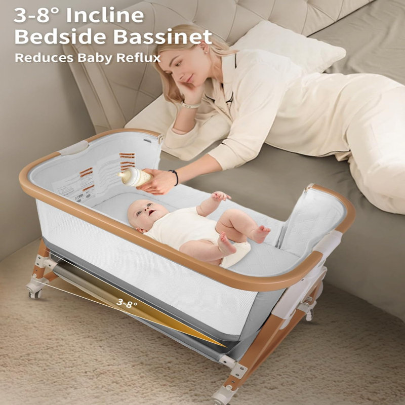4 in 1 Baby Bassinet Bedside Sleeper & Co-Sleeper W/ Wheels, Storage Basket, Adjustable 7 Heights, Mosquito Net, Breathable Mesh Cradle for Infants Toddler, Grey