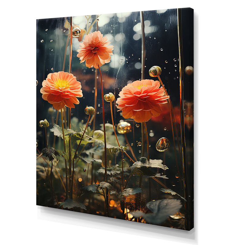 "Fleurs de zinnias orange et vertes", H 20 po x l 12 po x P 1 po, Toile tendue