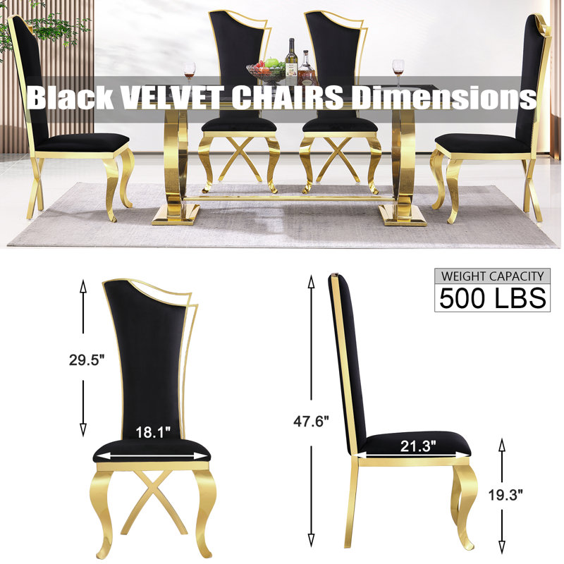 Chaises de salle à manger luxueuses en velours noir avec pieds en cabriole dorés en miroir