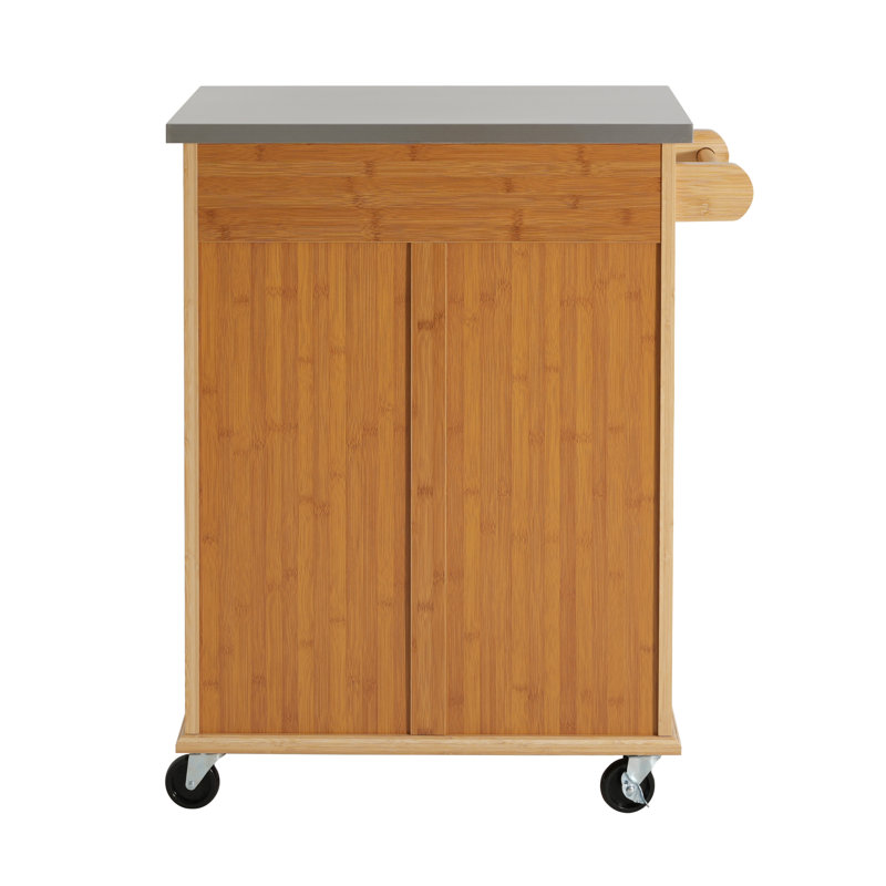 Compact Bamboo Rolling Kitchen Cart with Stainless Steel Top, Natural Finish