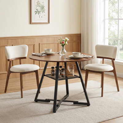 Industrial Round 47in Rust Brown Dining Table & 2-piece Brown Upholstered Solid Wood Dining Chair, Fixed Kitchen Table With Mesh Storage Shelf And Cross Legs For Dining, Family Gathering
