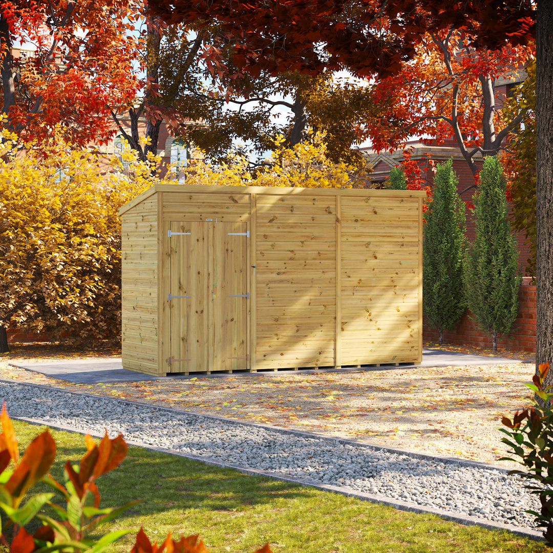 Powersheds 12 x 4ft Premium Pressure Treated Timber Windowless Pent Garden Shed, Double Doors