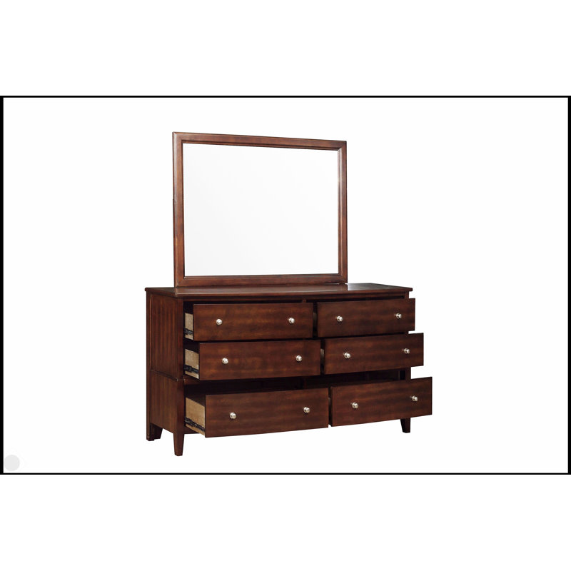 Commode 6 tiroirs en bois de style transitionnel avec finition cerisier foncé, combinant élégance et fonctionnalité pour toute chambre à coucher.