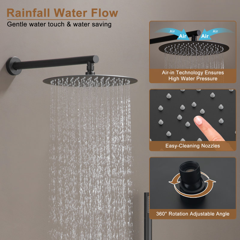 Matte Black Stainless Steel Thermostatic Rain Shower System with Handheld