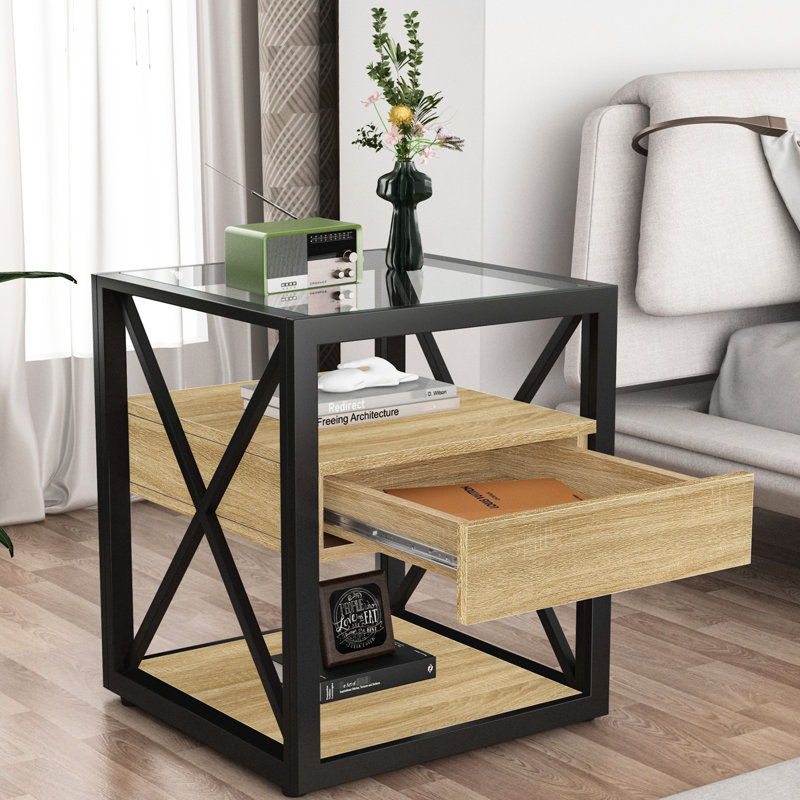 Table de chevet pour la chambre à coucher et le salon: table de bout moderne avec tiroir, bois naturel, verre trempé, rangement intelligent à plusieurs niveaux et côté standard de style industriel - Structure fonctionnelle en X stable