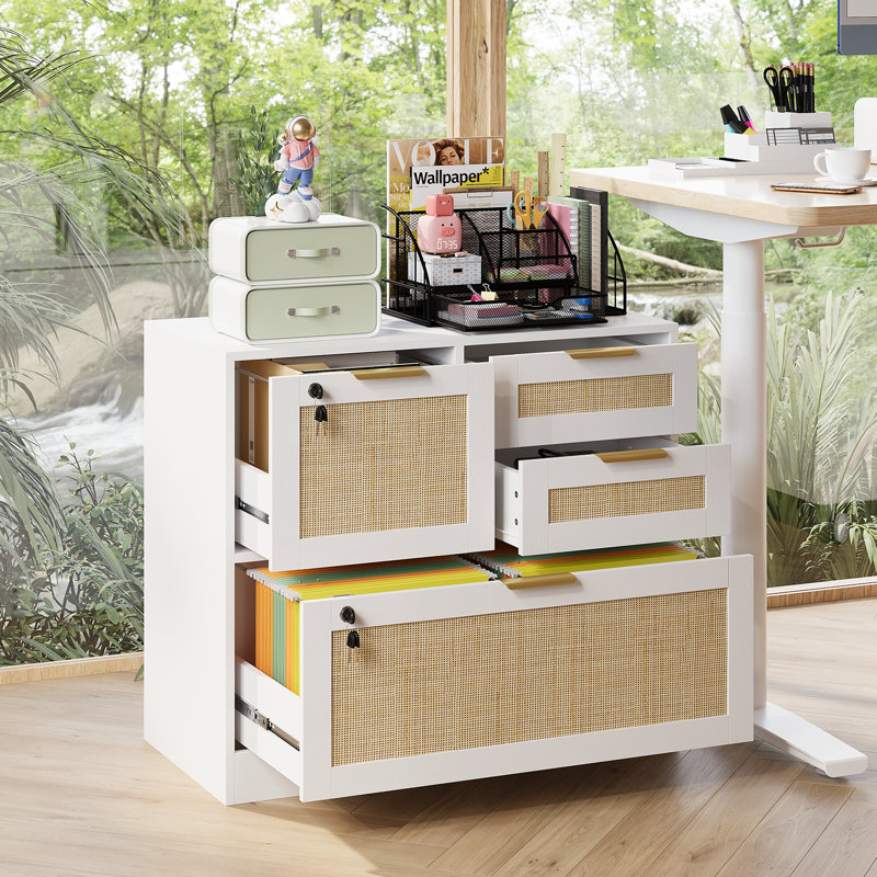 Classeur 31,5 "en rotin avec serrure et 4 tiroirs, Blanc