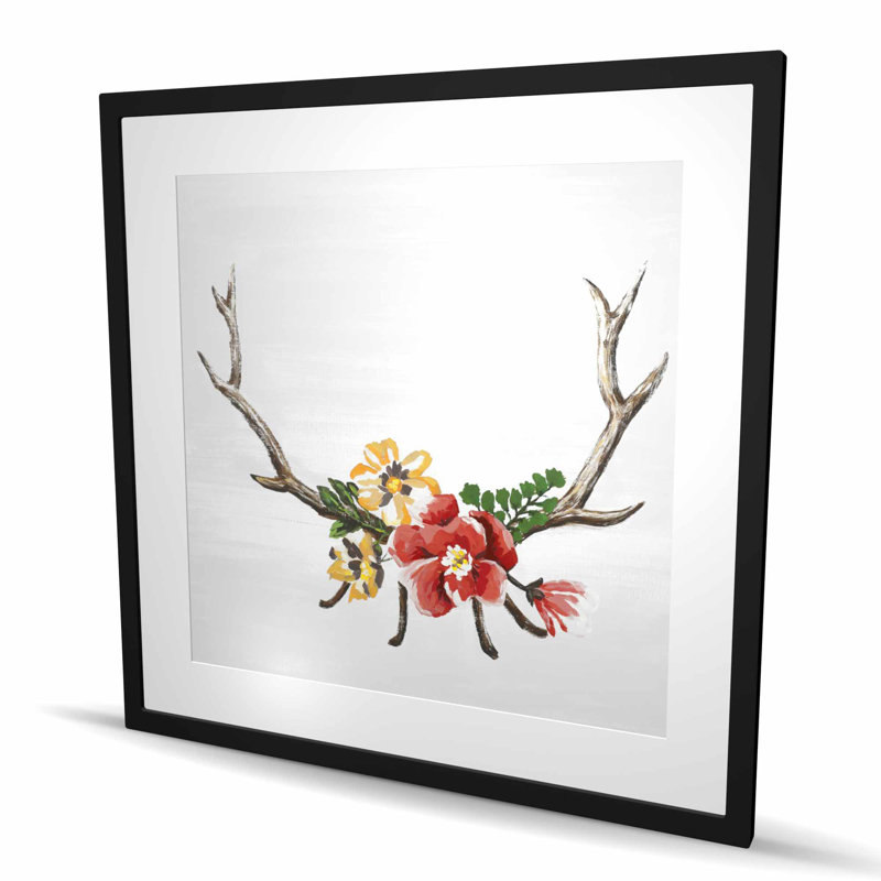 Cornes de cerf avec fleurs - reproduction encadrée mate pour la décoration intérieure, H 36 po x l 36 po, Brun